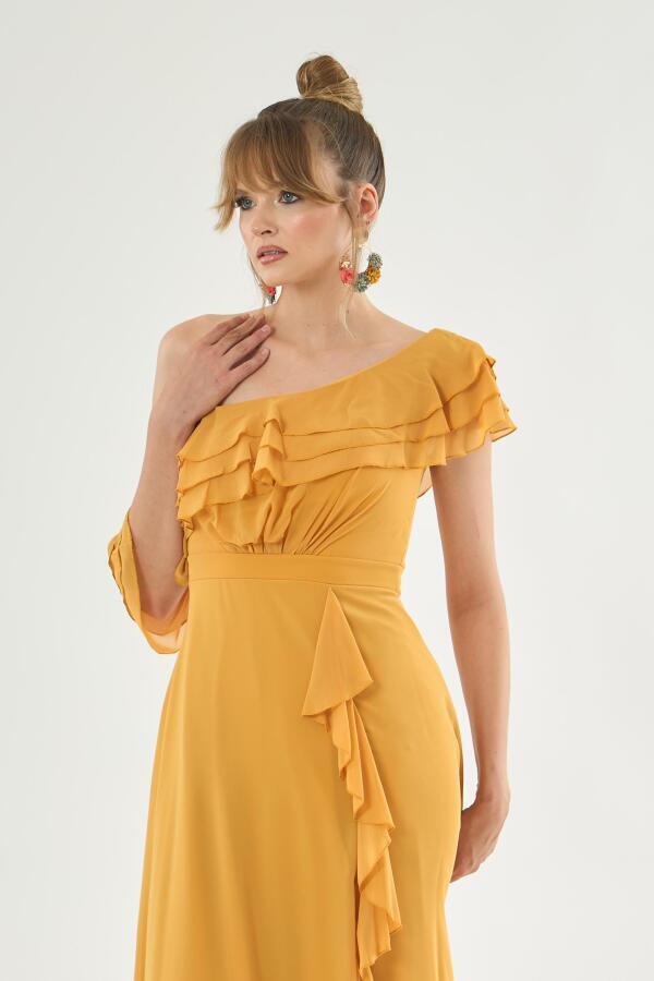 Saffron Chiffon Shoulder Flounce Slit Evening Dress - 4