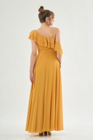 Saffron Chiffon Shoulder Flounce Slit Evening Dress - 5