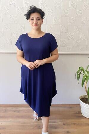 Casual Plus Size Combed Cotton Dress Navy Blue - 1