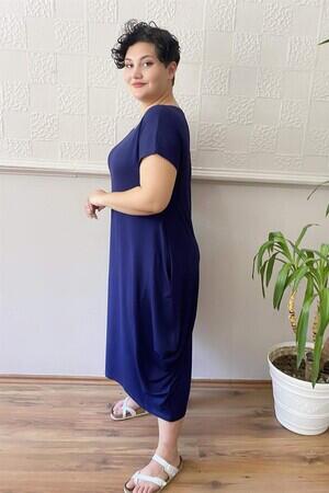 Casual Plus Size Combed Cotton Dress Navy Blue - 2