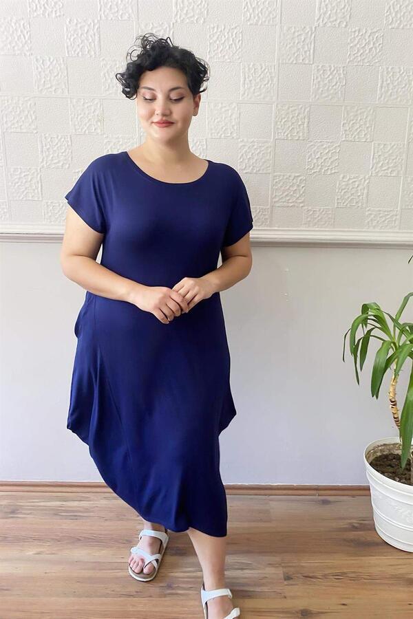 Casual Plus Size Combed Cotton Dress Navy Blue - 3