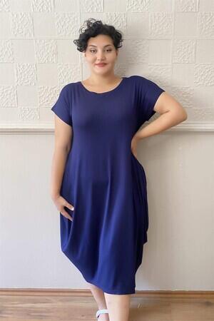 Casual Plus Size Combed Cotton Dress Navy Blue - 4