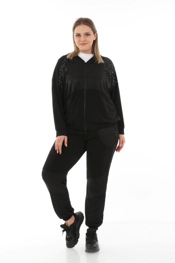 Sequin Detailed Plus Size Tracksuit Black - 6