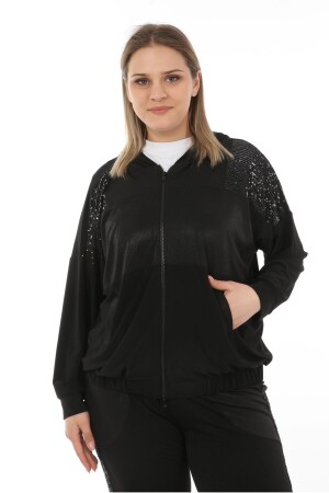 Sequin Detailed Plus Size Tracksuit Black - 7