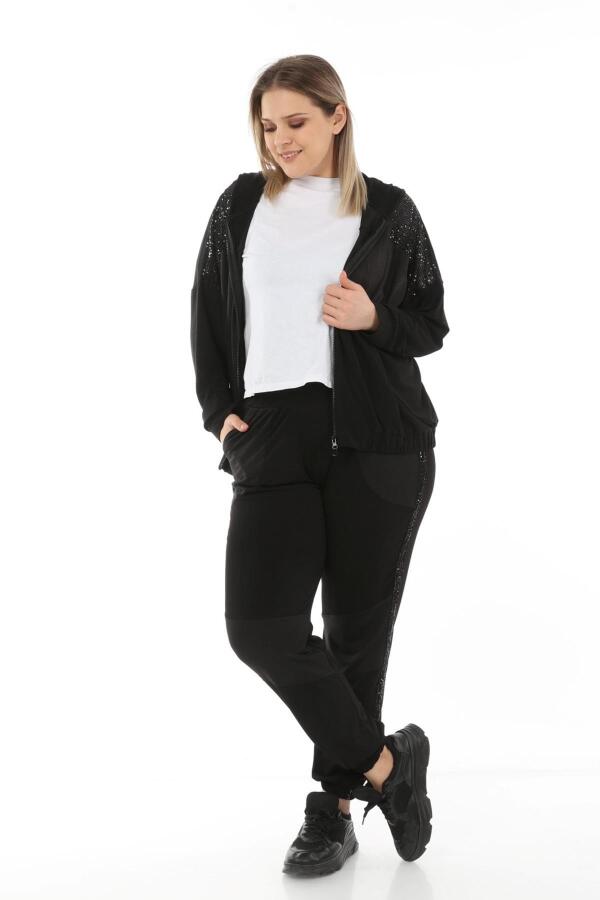 Sequin Detailed Plus Size Tracksuit Black - 8