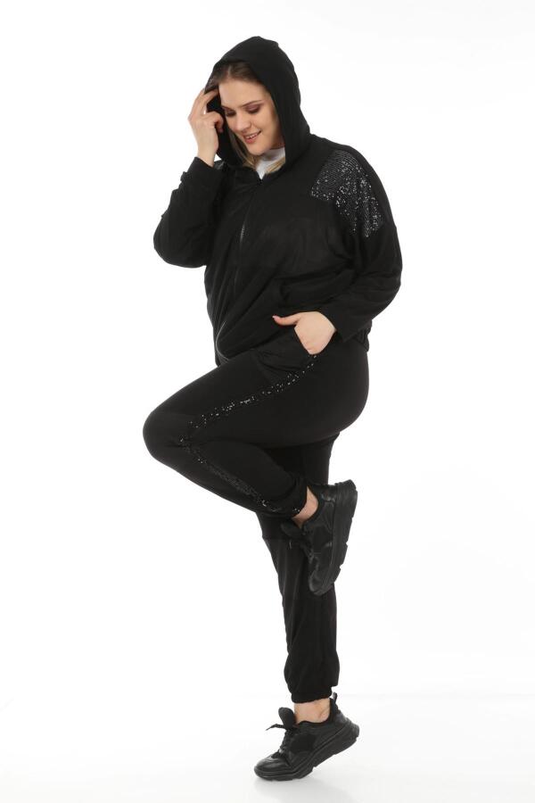 Sequin Detailed Plus Size Tracksuit Black - 9