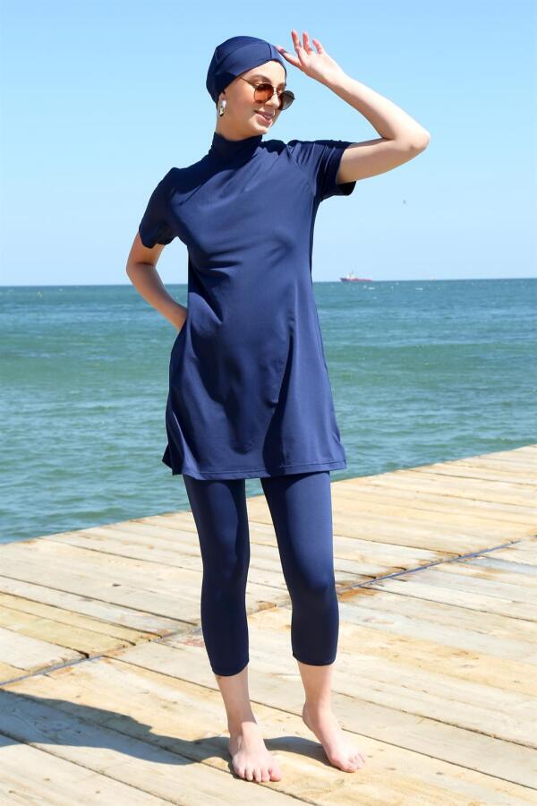 Short Sleeve Navy Blue Half Hijab Swimsuit 33015 - 4