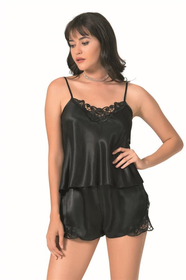 Siyah Saten Babydoll Şort Takımı - 1