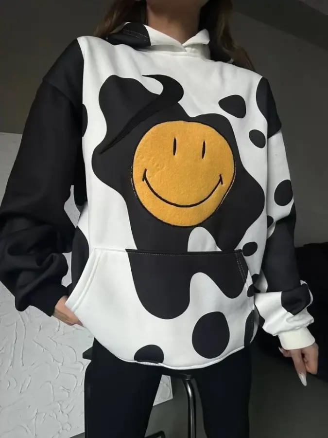 Smiley Face Kapüşonlu Sweatshirt - Siyah - 3