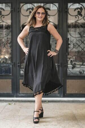 Tassel Detail Sleeveless Linen Dress Black - 1