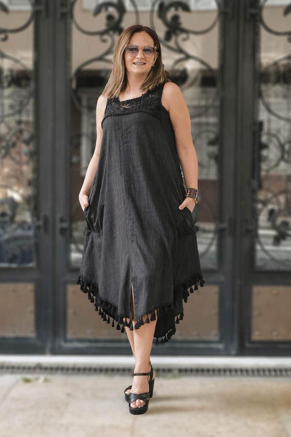 Tassel Detail Sleeveless Linen Dress Black - 2