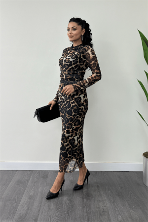 Tül Kumaş Drape Detaylı Kalem Elbise - LEOPAR - 2