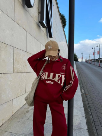 Üç İplik Yakalı Sweat Baggy Pantalonlu Takım - Bordo - 1