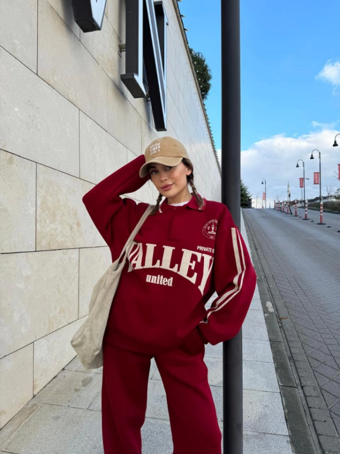 Üç İplik Yakalı Sweat Baggy Pantalonlu Takım - Bordo - 3