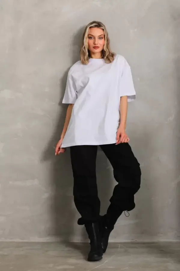 Unisex Bisiklet Yaka 20/1 Düz Oversize T-Shirt - Beyaz - 1