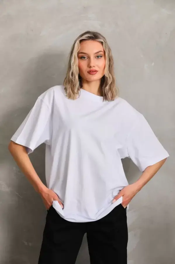 Unisex Bisiklet Yaka 20/1 Düz Oversize T-Shirt - Beyaz - 2