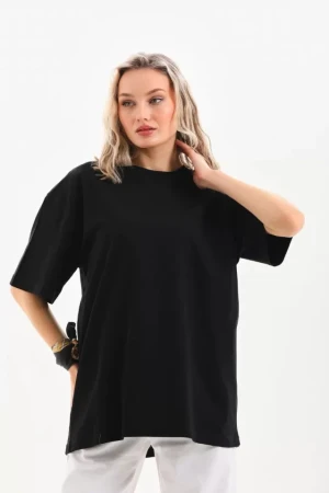 Unisex Bisiklet Yaka 20/1 Düz Oversize T-Shirt - Siyah - 1