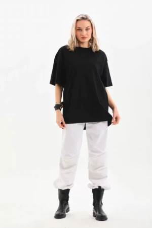 Unisex Bisiklet Yaka 20/1 Düz Oversize T-Shirt - Siyah - 2