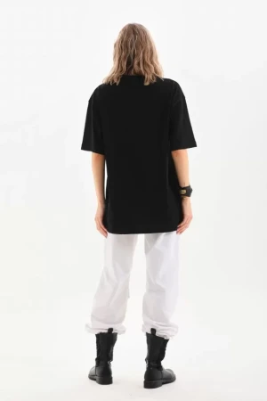 Unisex Bisiklet Yaka 20/1 Düz Oversize T-Shirt - Siyah - 4