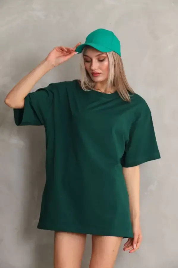 Unisex Bisiklet Yaka 20/1 Düz Oversize T-Shirt - Yeşil - 1