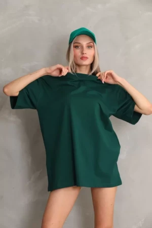 Unisex Bisiklet Yaka 20/1 Düz Oversize T-Shirt - Yeşil - 4