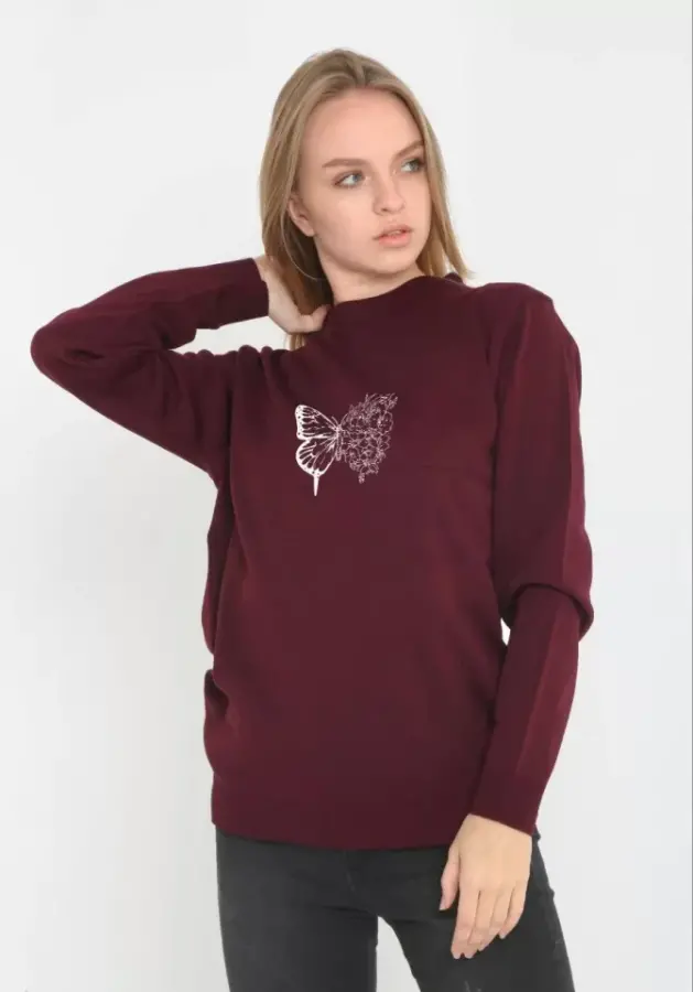 Unisex Bisiklet Yaka Baskılı Dokuma Triko - Bordo - 1