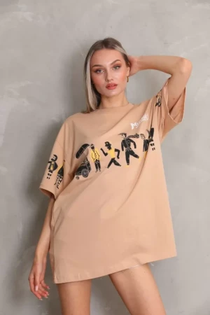 Unisex Bisiklet Yaka Baskılı Oversize T-Shirt - Bej - 4