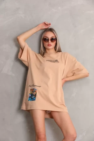 Unisex Bisiklet Yaka Baskılı Oversize T-Shirt - Bej - 2