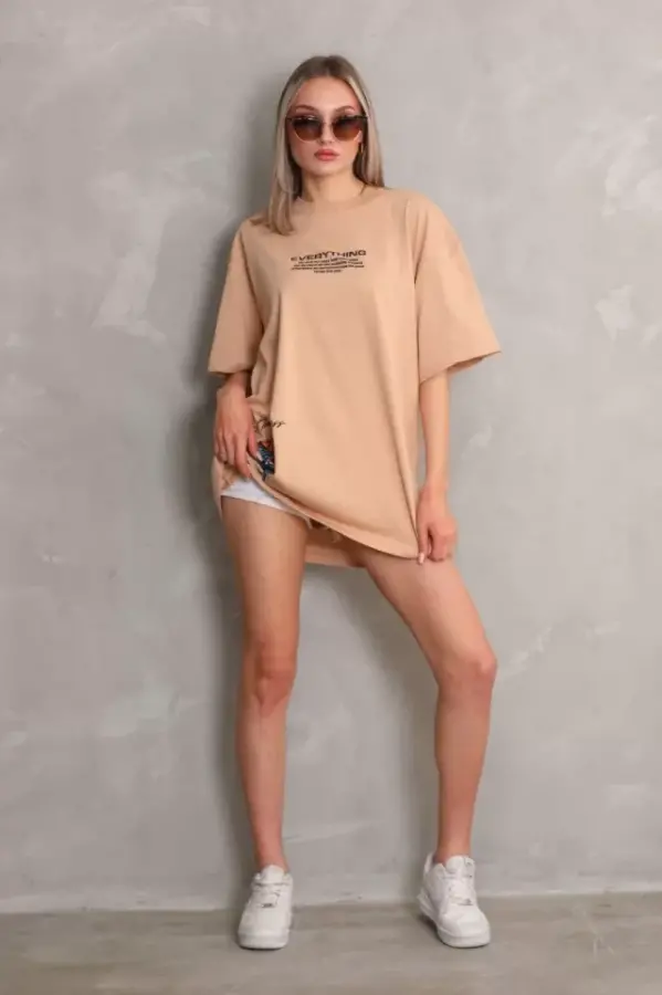 Unisex Bisiklet Yaka Baskılı Oversize T-Shirt - Bej - 3