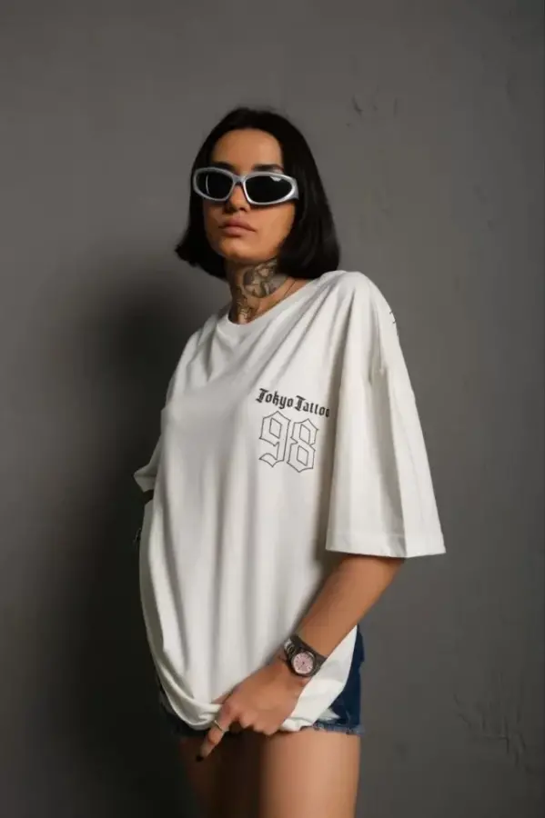 Unisex Bisiklet Yaka Baskılı Oversize T-Shirt - Beyaz - 2