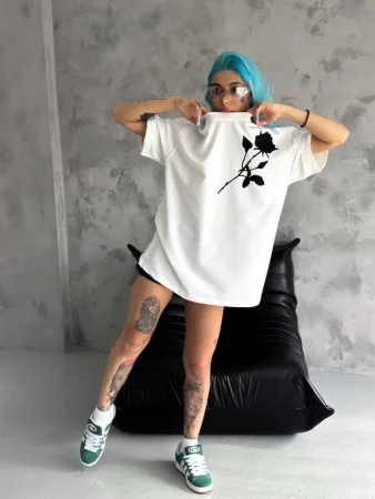 Unisex Bisiklet Yaka Baskılı Oversize T-Shirt - Beyaz - 3