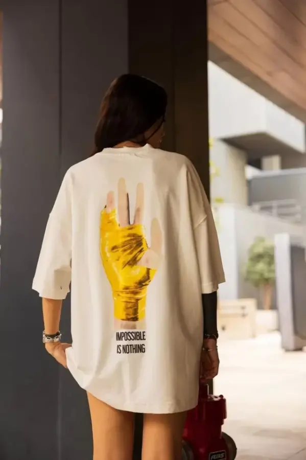 Unisex Bisiklet Yaka Baskılı Oversize T-Shirt - Beyaz - 2