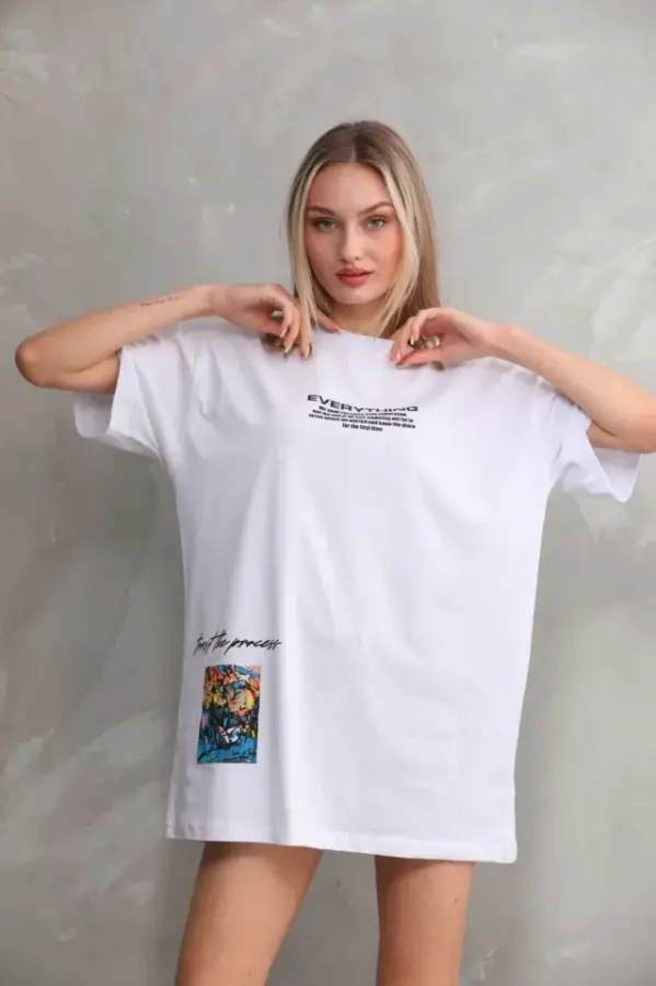 Unisex Bisiklet Yaka Baskılı Oversize T-Shirt - Beyaz - 1