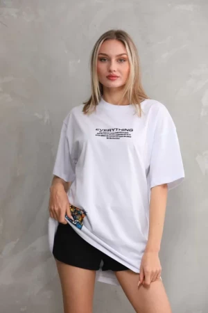 Unisex Bisiklet Yaka Baskılı Oversize T-Shirt - Beyaz - 4