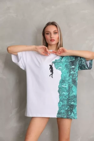 Unisex Bisiklet Yaka Baskılı Oversize T-Shirt - Beyaz - 2