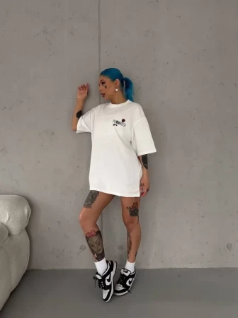 Unisex Bisiklet Yaka Baskılı Oversize T-Shirt - Beyaz - 1