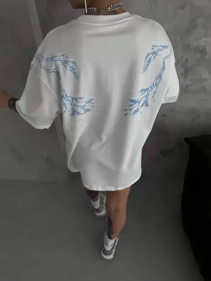 Unisex Bisiklet Yaka Baskılı Oversize T-Shirt - Beyaz - 3