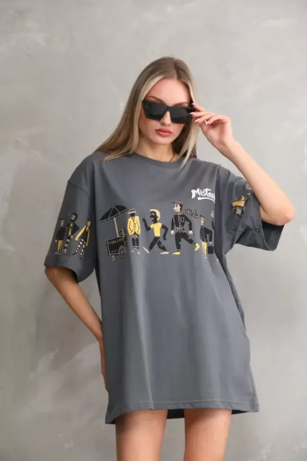 Unisex Bisiklet Yaka Baskılı Oversize T-Shirt - Gri - 1