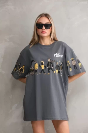 Unisex Bisiklet Yaka Baskılı Oversize T-Shirt - Gri - 4