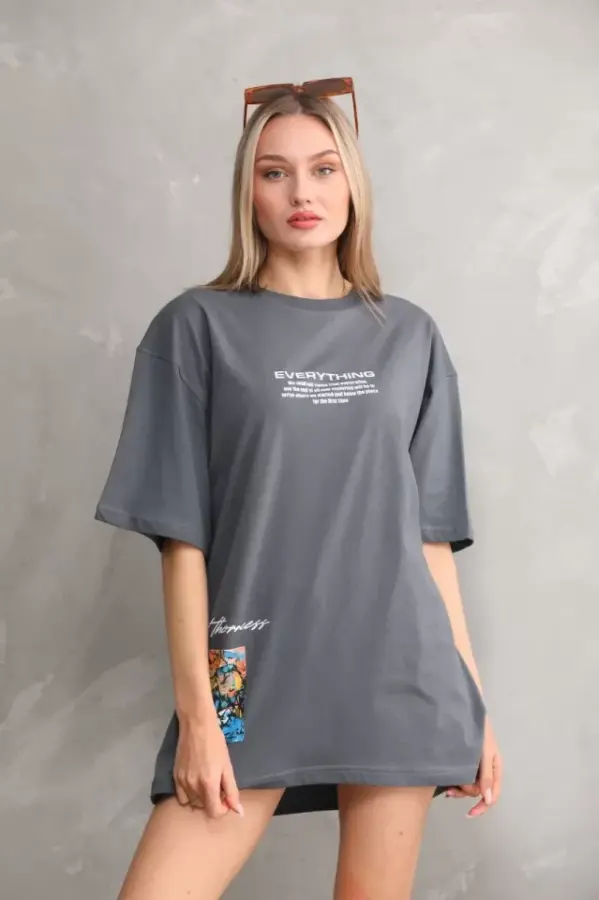 Unisex Bisiklet Yaka Baskılı Oversize T-Shirt - Gri - 1