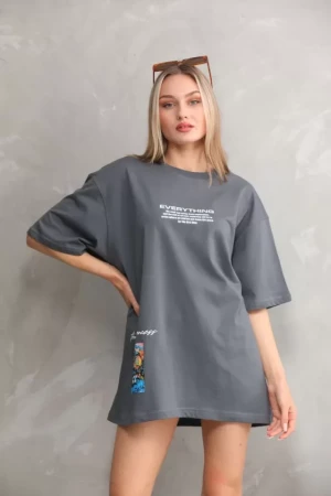 Unisex Bisiklet Yaka Baskılı Oversize T-Shirt - Gri - 3