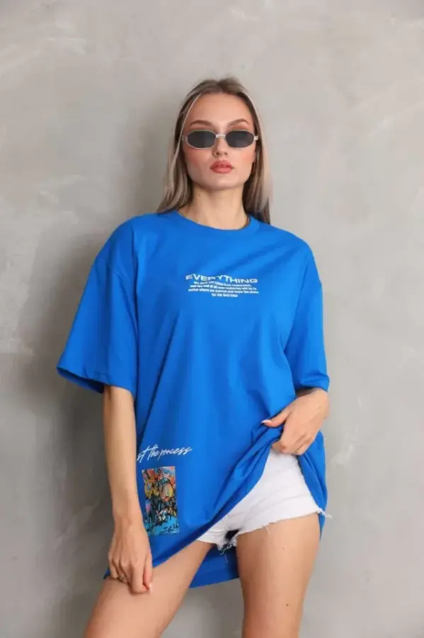 Unisex Bisiklet Yaka Baskılı Oversize T-Shirt - Mavi - 1