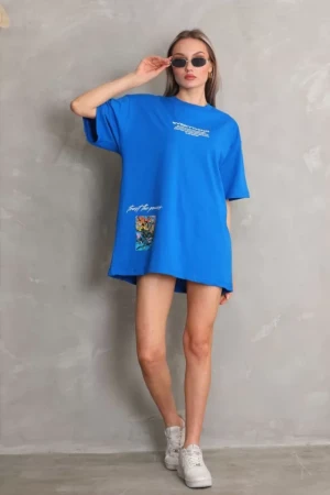 Unisex Bisiklet Yaka Baskılı Oversize T-Shirt - Mavi - 4