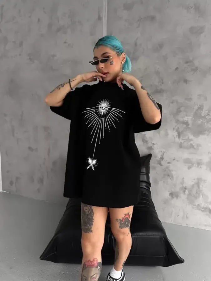 Unisex Bisiklet Yaka Baskılı Oversize T-Shirt - Siyah - 2