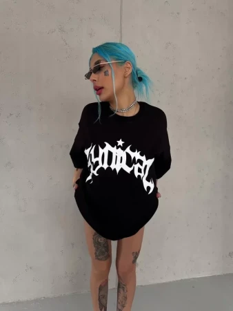 Unisex Bisiklet Yaka Baskılı Oversize T-Shirt - Siyah - 2