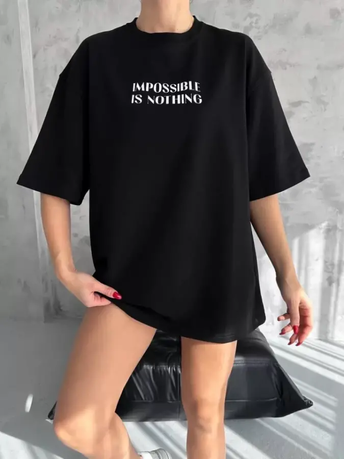 Unisex Bisiklet Yaka Baskılı Oversize T-Shirt - Siyah - 1