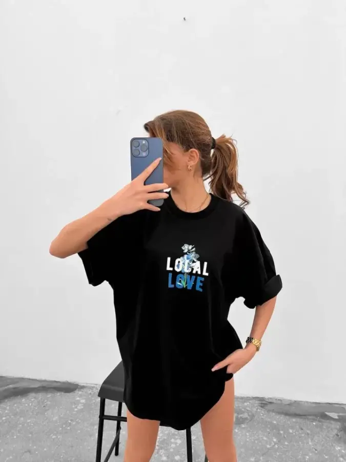 Unisex Bisiklet Yaka Baskılı Oversize T-Shirt - Siyah - 1