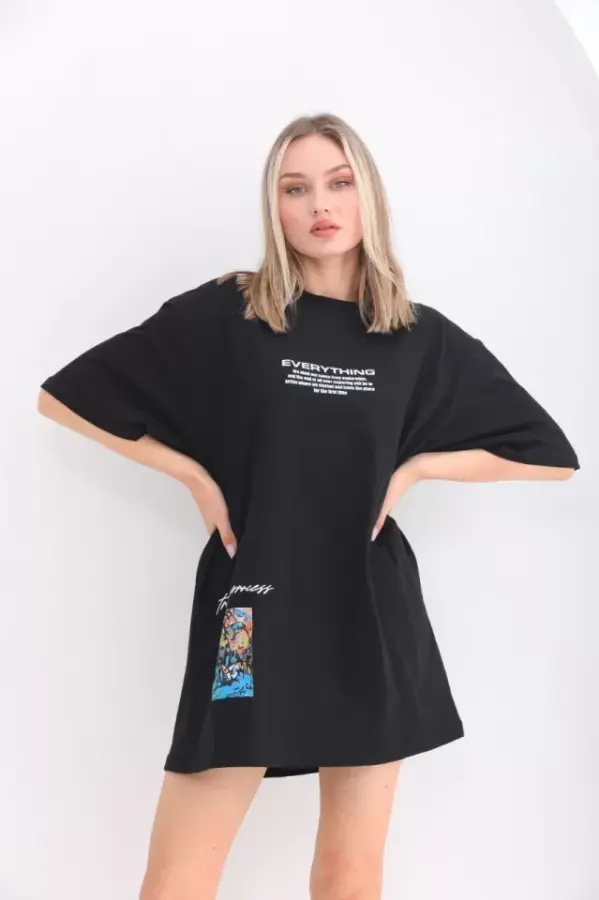 Unisex Bisiklet Yaka Baskılı Oversize T-Shirt - Siyah - 3