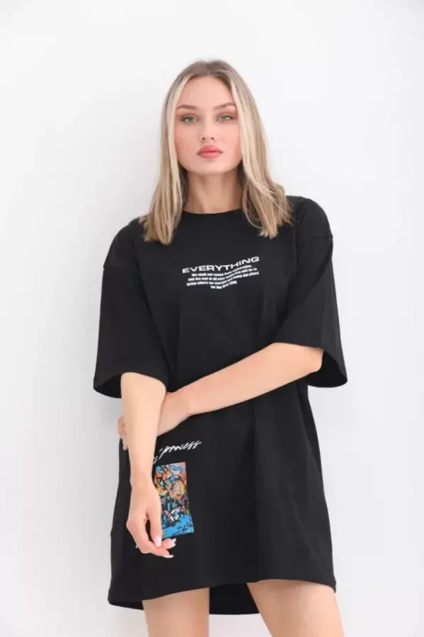 Unisex Bisiklet Yaka Baskılı Oversize T-Shirt - Siyah - 4