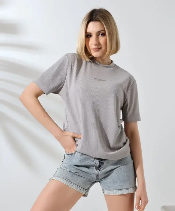 Unisex Bisiklet Yaka Baskılı Slim Fit T-Shirt - Boyalı Gri - 3